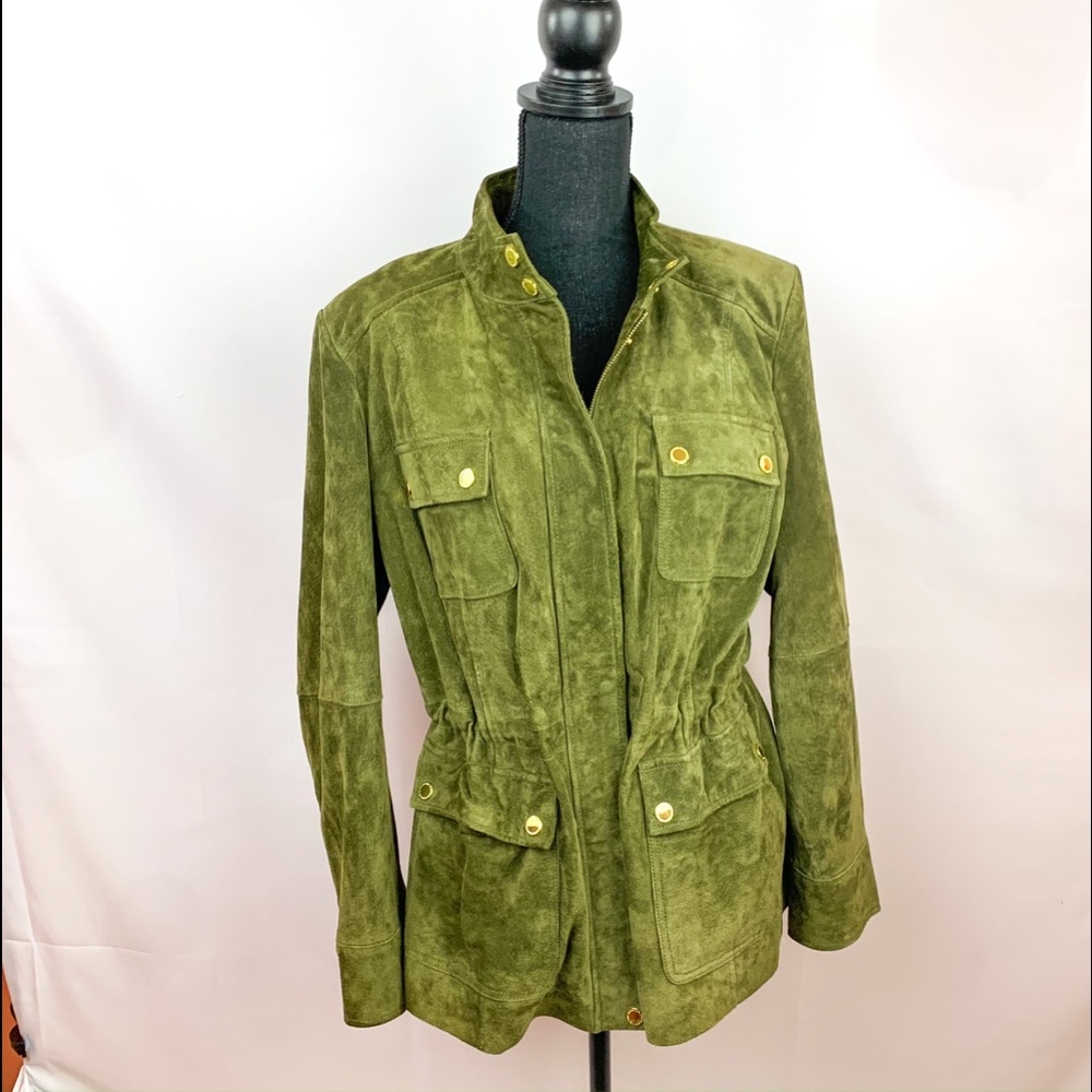 Isaac Mizrahi Green Suede Zip Front Utility Jacket